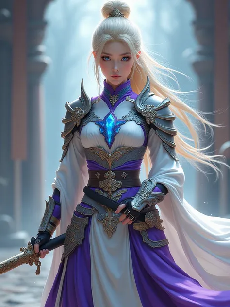 Blonde Asian female. Icey blue eyes. white, violet,blue, grey Asian armor ,warrior, carved wooden ninja sword.