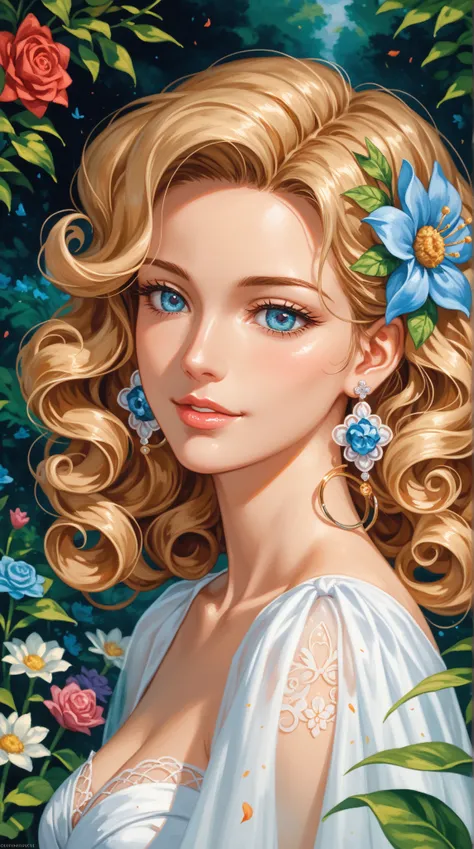 女孩的描繪非常meticulous， creates an atmosphere of romantic mystery Siege， Deep emotional expression ， Sophisticated jewelry ， Brilliant ，meticulous， Soft curly hair ，grace，charming，meticulous的眼睛，grace的姿態， Flower Earrings ，Warmth， Warm atmosphere ， Digital painti...