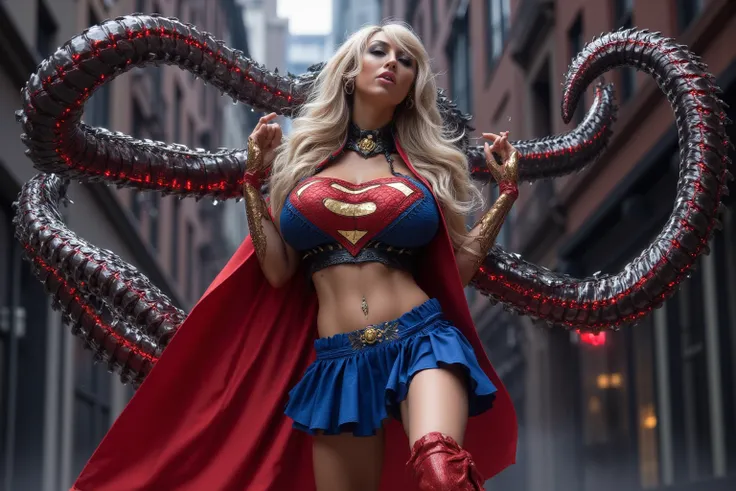 sexy vennera as super girl (confident, age 25, sexy venera, gorgeous woman,  long blonde silken hair, sexy small super girl outfit (tiny halter top that barely conceals nipples and has superman symbol midriff and under cleavage exposed, red cape, tiny blue...