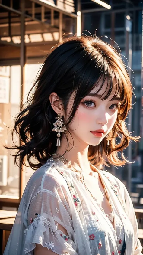 女孩的描繪非常meticulous， creates an atmosphere of romantic mystery Siege， Deep emotional expression ， Sophisticated jewelry ， Brilliant ，meticulous， Soft curly hair ，grace，charming，meticulous的眼睛，grace的姿態， Flower Earrings ，Warmth， Warm atmosphere ， Digital painti...