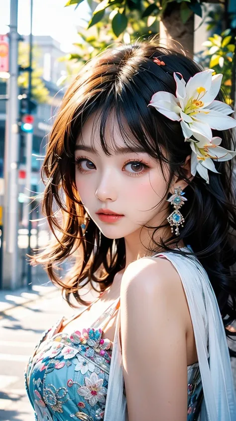 女孩的描繪非常meticulous， creates an atmosphere of romantic mystery Siege， Deep emotional expression ， Sophisticated jewelry ， Brilliant ，meticulous， Soft curly hair ，grace，charming，meticulous的眼睛，grace的姿態， Flower Earrings ，Warmth， Warm atmosphere ， Digital painti...