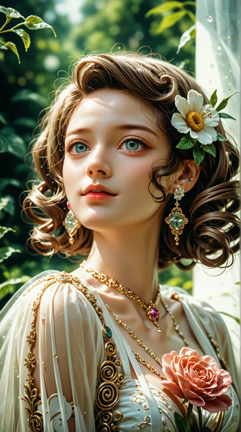 女孩的描繪非常meticulous， creates an atmosphere of romantic mystery，Deep emotional expression ， Sophisticated jewelry ， Brilliant ，meticulous， Soft curly hair ，grace，charming，meticulous的眼睛，grace的姿態， Flower Earrings ，Warmth， Warm atmosphere ， Digital painting ，Sur...