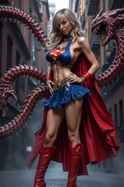 sexy vennera as super girl (confident, age 25, sexy venera, gorgeous woman,  long blonde silken hair, sexy small super girl outfit (tiny halter top that barely conceals nipples and has superman symbol midriff and under cleavage exposed, red cape, tiny blue...