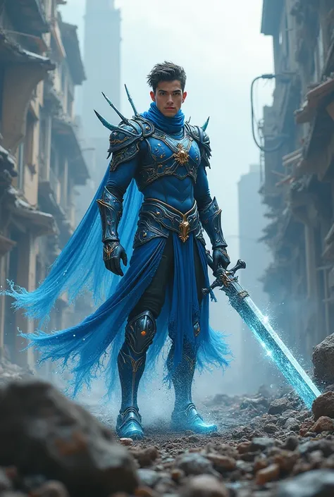 Image of an 18-year-old light-skinned male ager in the middle of a destroyed city wearing a water element suit and a metal and water sword 