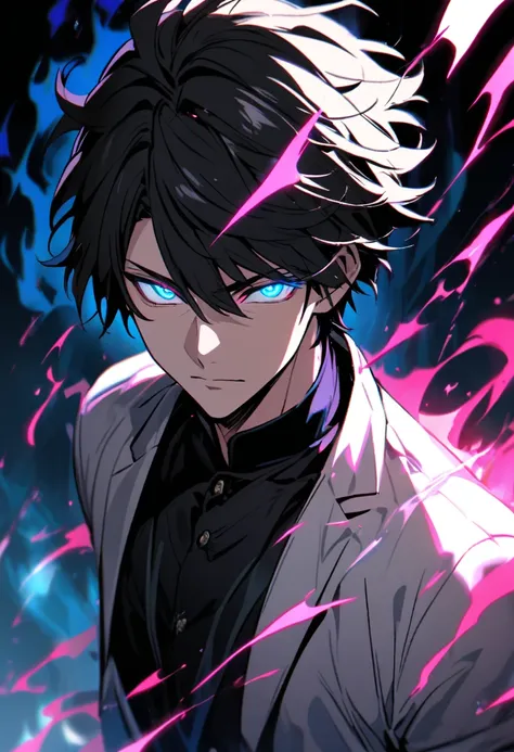 male, solo, handsome, black hair, aura, two color eyes, one pink eye, one blue eye, glowing eyes