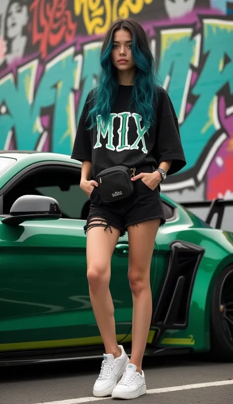  Realistic 4D photo . A 22-year-old girl with Amy Lee's face with long hair dyed ash blue mixed with black ,  The girl is standing in the Ford Mustang car that is completely modified in a combination of green and chameleon black colors with a front spoiler...