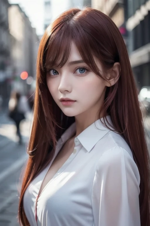 girl with long red hair, heterochromic eye , blue-white skin, flat chest, is wearing a black dress and a crisp pink blouse, A girl of, something that matches a mysterious and strong personality. whole, her look will catch the eye , attract curiosity and an...