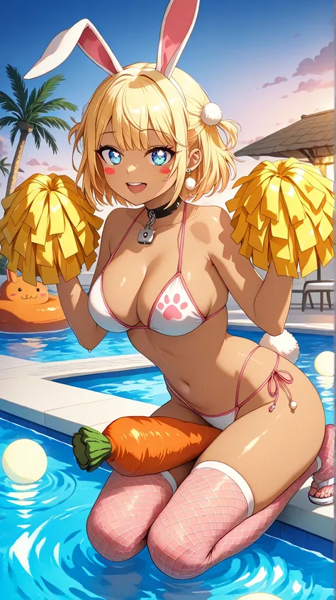 Ultra-detailed anime masterpiece of a playful kemono rabbit gal dominating a tropical rooftop pool party at golden hour. Her espresso-dark skin glistens with holographic sunscreen, contrasting with a daring white bikini featuring carrot-shaped cutouts and ...