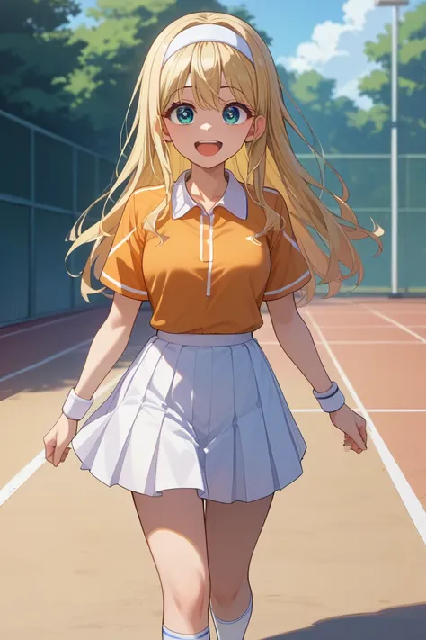 woman、     white tennis wear、        long golden hair   、    Shiny Hair 、         white hair band、  big,   beautiful eyes 、  big eyes、active、     white wristband     、     white socks、    white skirt    、  walking behind、 is laughing