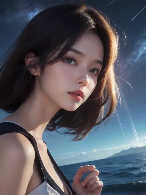 1 girl, eye, close up, beautiful night sky, meteor shower, beyond the clouds, water surrounded, reflections, wide angels, breathtaking clouds, wide angle, by makoto shinkai, thomas kinkade, james gilleard, by holosomnialandscape, hdr, volumetric lighting, ...