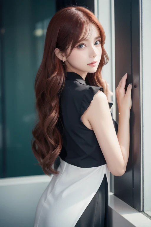 girl with long red hair, heterochromic eye , blue-white skin, flat chest, is wearing a black dress and a crisp pink blouse, A girl of, something that matches a mysterious and strong personality. whole, her look will catch the eye , attract curiosity and an...