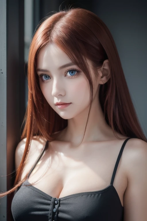 girl with long red hair, heterochromic eye , blue-white skin, flat chest, is wearing a black dress and a crisp pink blouse, A girl of, something that matches a mysterious and strong personality. whole, her look will catch the eye , attract curiosity and an...