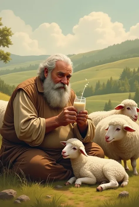 A fatty shepherd sitting near by sheep mother and it's baby sheep that they are at tie with rob. And the Shepherd is drinking sheep milk while baby sheep is crying with hunger 