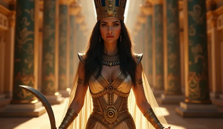 "Queen Cleopatra, dressed in an elegant Egyptian gown with gold accents, an elaborate headdress, and kohl-lined eyes, enters the hall confidently, holding a curved dagger."