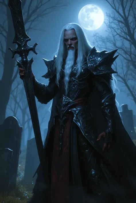 Everquest dark elf ,white eyebrows, eyelashes, angry mouth expression,smooth skin, dark skin color, long luscious platinum white hair, long detailed white goatee, detailed evil dark paladin armor, fantasy two handed blade, in a graveyard with tumbstone at ...