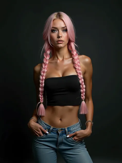 young woman 21 years, pink long braided hair, looks sensual into the camera, normal build, wears tight blue jeans and a black top, has strong fake eyelashes, full body photo, realistic style, dark backgroundyoung woman 21 years, pale pink long braided hair...