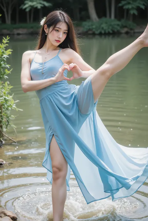 （（（（（Standing Splits））））），“Making a heart shape with both arms，(yushuishan, 1girl, water, barefoot, bare legs, long hair, jewelry, dress, hand fan, solo, anklet, forehead mark, dancing, blue dress, splashing, black hair, full body, standing on one leg, hai...