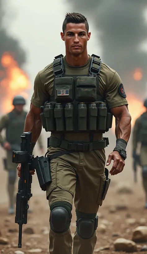 Hyperrealistic digital painting of Cristiano Ronaldo as a futuristic soldier in a war zone. The athlete has a muscular and athletic physique, wearing a modern military uniform with tactical equipment, bulletproof vest, ammunition pouches, and a futuristic ...