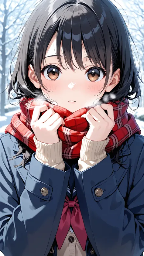  top quality，  black hair ， messy hair， brown eyes， eyes with highlights ， 1 girl，Winter Scene，School student