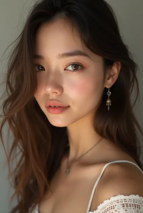 25-year-old girl, light brown eyes, long hair, thin tanned lips 
Thin nose 
Dimple on the cheek 