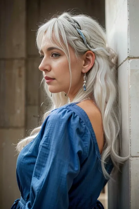 ,  a woman in a blue dress and earrings posing for a photo, Karen Carr, laurie greasely, white haired lady, by LynFN Pauley  , bonnie maclean,   profile picture  en la cabeza,  curly white hair, Deborah,  profile picture ,  portrait of Sabrina Lloyd , prof...