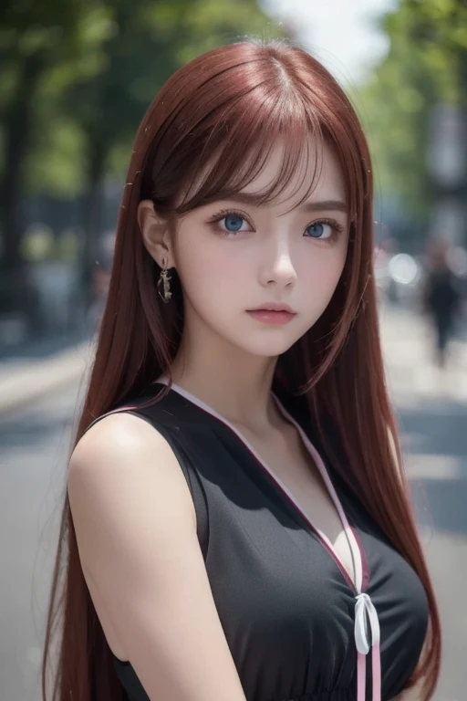 girl with long red hair, heterochromic eye , blue-white skin, flat chest, is wearing a black dress and a crisp pink blouse, A girl of, something that matches a mysterious and strong personality. whole, her look will catch the eye , attract curiosity and an...