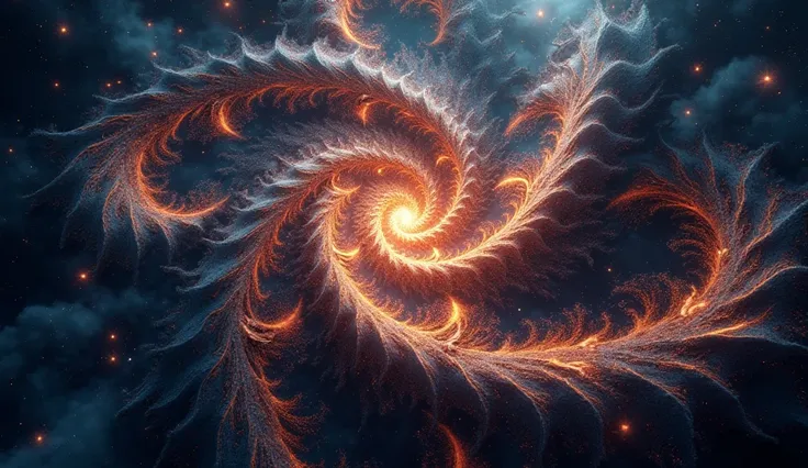 /imagine prompt: Symmetrical abstract patterns resembling interwoven cosmic nebulae, swirling galaxies forming intricate fractal shapes with glowing filaments of energy, deep space background with distant stars and cosmic dust clouds, ethereal and mesmeriz...