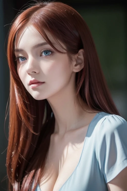 girl with long red hair, heterochromic eye , blue-white skin, flat chest, is wearing a black dress and a crisp pink blouse, A girl of, something that matches a mysterious and strong personality. whole, her look will catch the eye , attract curiosity and an...