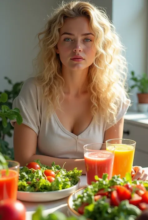 Create an image of a beautiful blonde woman with big curly hair with a few plates of salads and juices, and a very realistic 8k image on your side