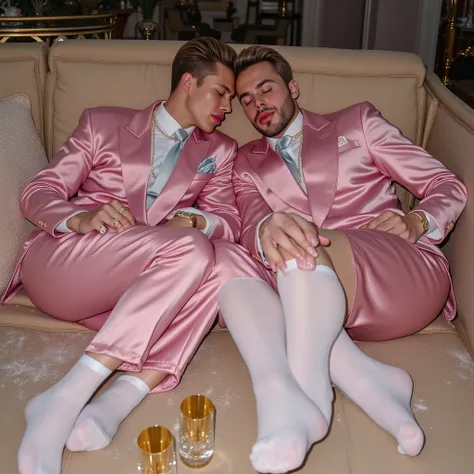 full body view of 2 different wealthy dapper white gay men in socks, with deeply lifted faces, inflated siliconed luscious flxBimboLips963 lips & cheekbones, tiny short noses, in shiny dapper pink satin suits, white long sheer nylon-socks, No Shoes, light-...