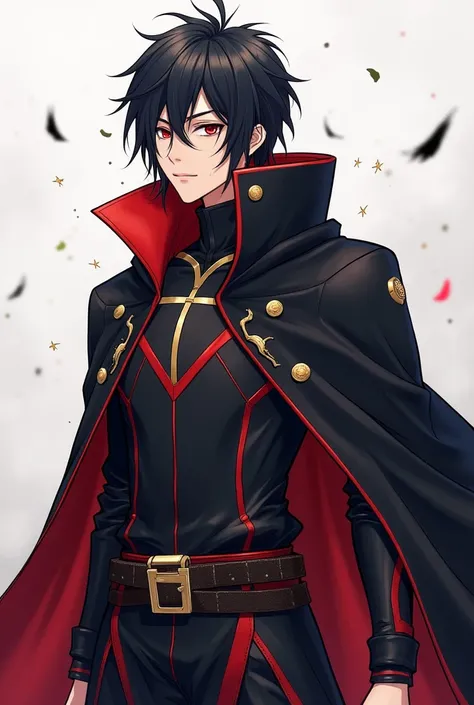 Créez-moi un personnage d'anime qui mesure 1.90m de haut qui porte une armure noir et un manteau rouge et noir sans manche dans le même style que sung jin-woo et le perso possède des pouvoirs télékinésique