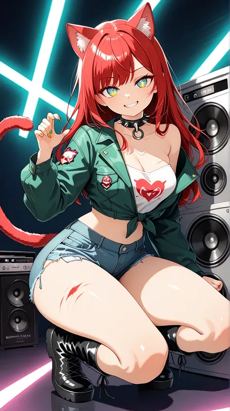 Ultra-detailed 8K masterpiece of a charismatic punk-rock catgirl, exuding magnetic confidence, viewing from a lower angle. Her wild, flame-red hair crackles with electric energy, spiked strands glowing at the tips as if charged by music. Neon-accented cat ...