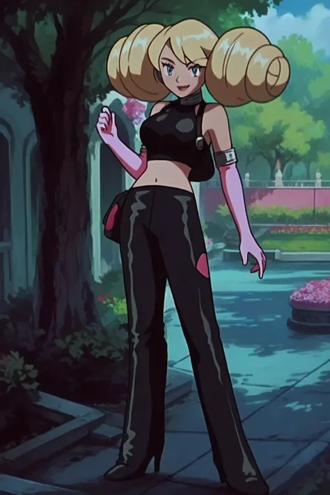 1girl, Solo, annie \(pokemon\) , outfit1, crop top, gloves, bracelet, choker, latex top, black top, sleeveless, long gloves, elbow-length gloves, pants, black pants, latex pants, shoes, high heels boots, smile

Park, day, standing