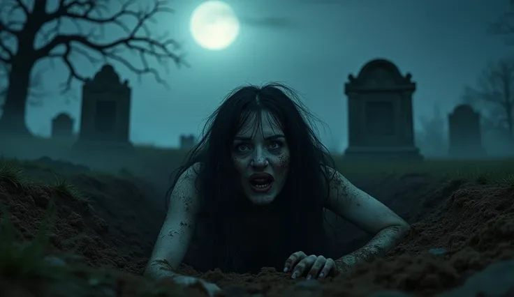 "A terrifying scene in a haunted graveyard at night. A pale-skinned woman with long, messy dark hair is emerging from a freshly dug grave, her face filled with horror and desperation. Her hands are covered in dirt as she struggles to crawl out. The eerie f...