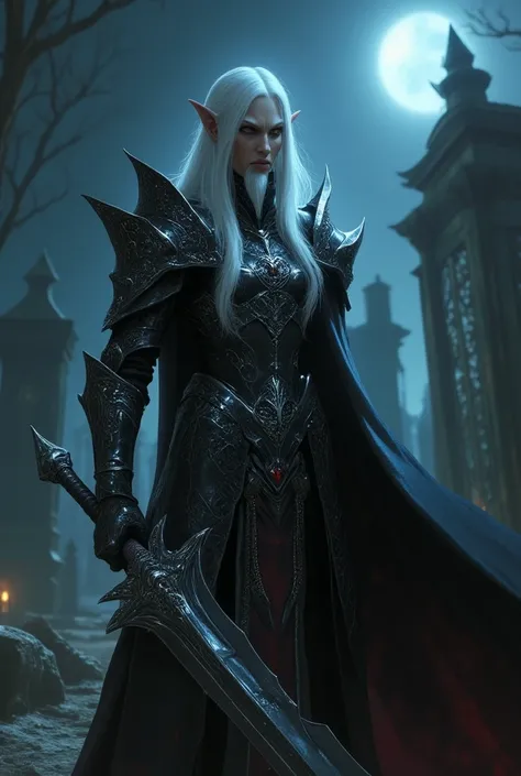 Everquest dark elf ,white eyebrows, eyelashes, angry mouth expression,smooth skin, dark skin color, long luscious platinum white hair, long detailed white goatee, detailed evil dark paladin armor, fantasy two handed blade, in a graveyard with tumbstone at ...