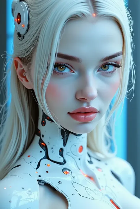 a beautiful relaxed woman, long blonde hair and mesmerizing eyes, ultrathin flexibile high tech white suit,special liquid material like latex,all body countours are visible,sci-fi fetish,symetrical clothes,large sagging breasts,looking at camera, posing, e...