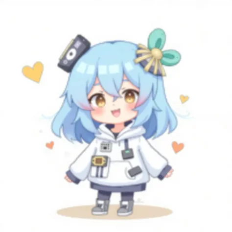 Girl Deformed Chibi Character
Light blue hair gaming device white hoodie to hold clothes and hearts