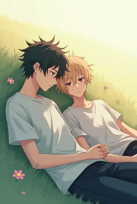 Take a picture with 2 male characters one lying down and the other lying down close to anime style 2d men