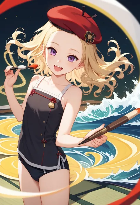 perfect anatomy, precise illustration, extremely detailed CG, ((masterpiece, best quality, extremely detailed, absurdres)), Background Blur, Vivid color,  (Relm Arrowny from FF6), painter, 1little girl, 11yo, (blonde medium hair), (wave hair), (violet eyes...