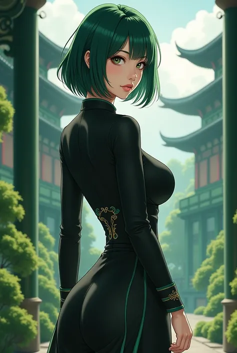 Realistic anime woman, 27 years old;
Dark green hair;
Short hair;
Wearing black chinese costume;
Green chinese castle background;
Facing forward;
Full body pict;
Perfect boobs;
Photo up to thigh.