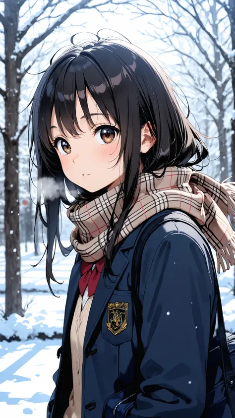  top quality，  black hair ， messy hair， brown eyes， eyes with highlights ， 1 girl，Winter Scene，School student，whole body， low angle