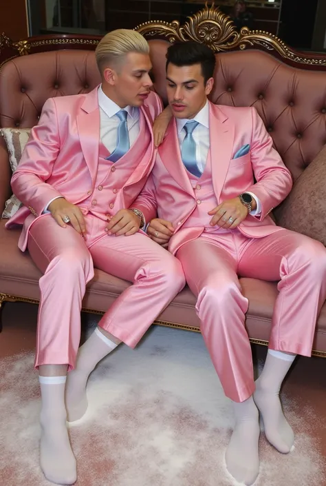 full body view of 2 different wealthy dapper white gay men in socks, with deeply lifted faces, inflated siliconed luscious flxBimboLips963 lips & cheekbones, tiny short noses, in shiny dapper pink satin suits, white long sheer nylon-socks, No Shoes, light-...