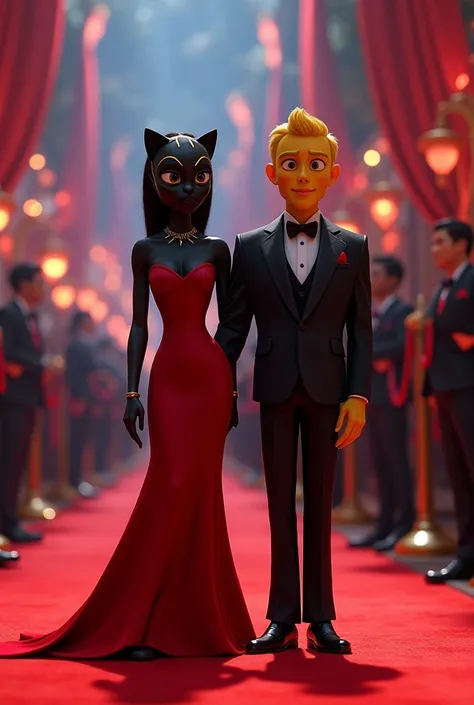 Female Black Panther with red long strapless evening gown hanging with best friend yellow corn male at TikTok awards red carpet.

Pixar Cartoon 