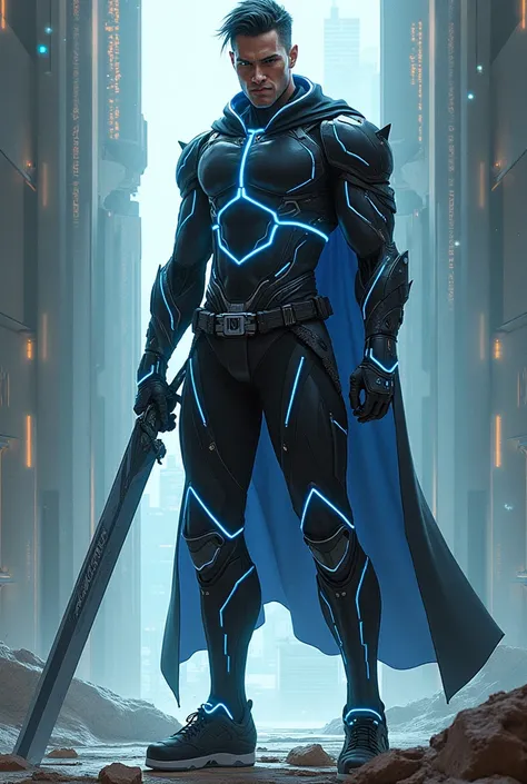  Create an image of a futuristic warrior , manga style or Japanese drawings ,  whose costume contains neon blue lines and who wears a wide sword