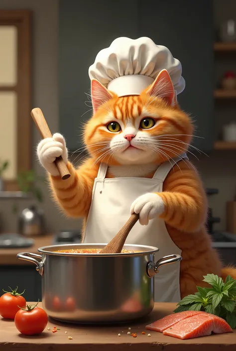 highly realistic digital painting of an orange cat with white paws, dressed as a master chef in a professional kitchen. The chonky feline wears a tiny white chef’s hat and apron while expertly stirring a pot of soup with a wooden spoon. The warm kitchen li...