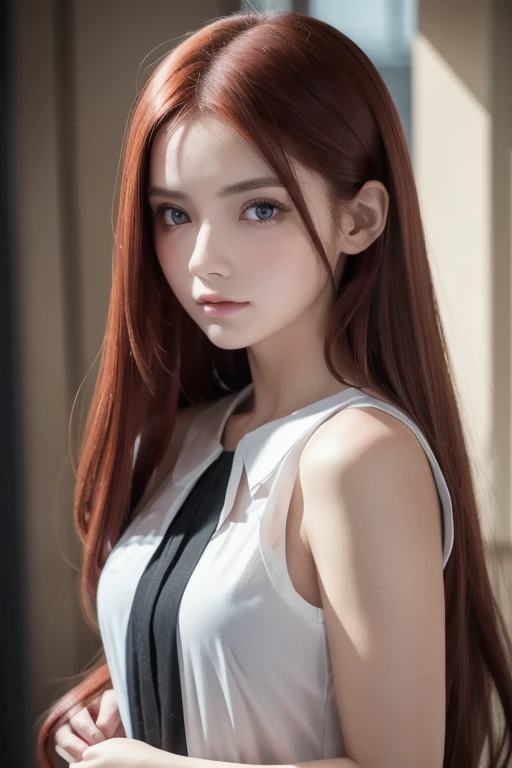 girl with long red hair, heterochromic eye , blue-white skin, flat chest, is wearing a black dress and a crisp pink blouse, A girl of, something that matches a mysterious and strong personality. whole, her look will catch the eye , attract curiosity and an...