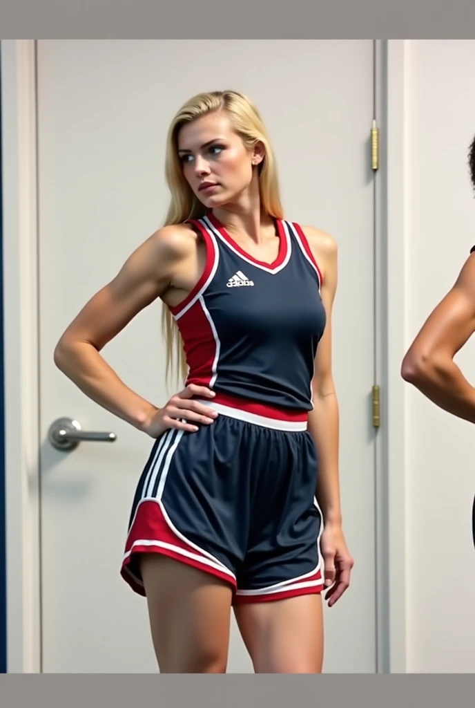 The women in the gym are exercising hard She does muscle training at the gym .The basketball uniform tank top is edged with a red line. The shorts of the basketball uniform are edged with a red line.  Adidas uniform . She is a female basketball player. The...