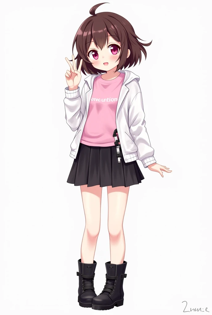 A girl, brown hair, short hair jacket with split ends, pink eyes skin,white jacket with pink t-shirt down, short black skirts ,black boots, anime-style image