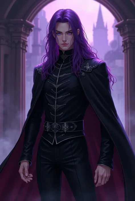 Realistic anime man, 28 years old;
Purple hair;
Long hair;
Wearing black dracula costume;
Purple castlevania background;
Facing forward;
Full body pict.