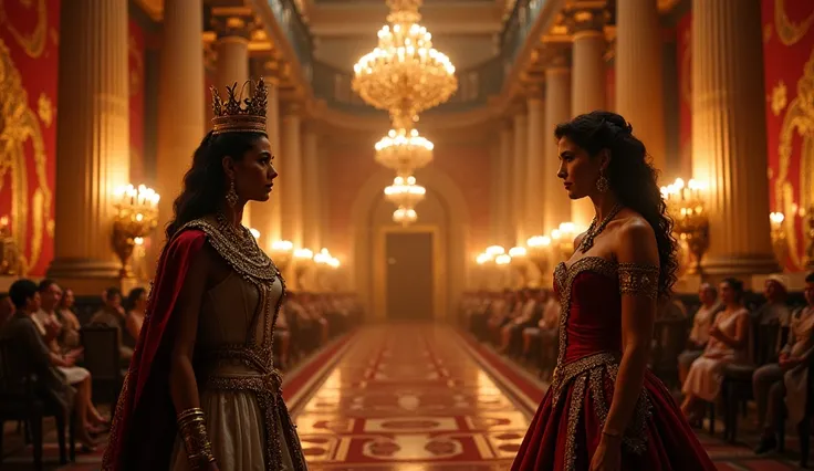 "A lavish, candle-lit royal hall with towering columns, golden chandeliers, and intricate red-and-gold tapestries. The air is tense as two regal women   Queen Cleopatra and Marie Antoinette  prepare for battle."